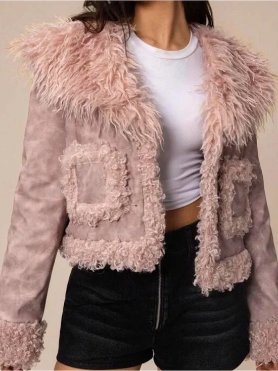 Cropped Pink marble faux leather jacket with faux fur trim - Picture 2 of 5